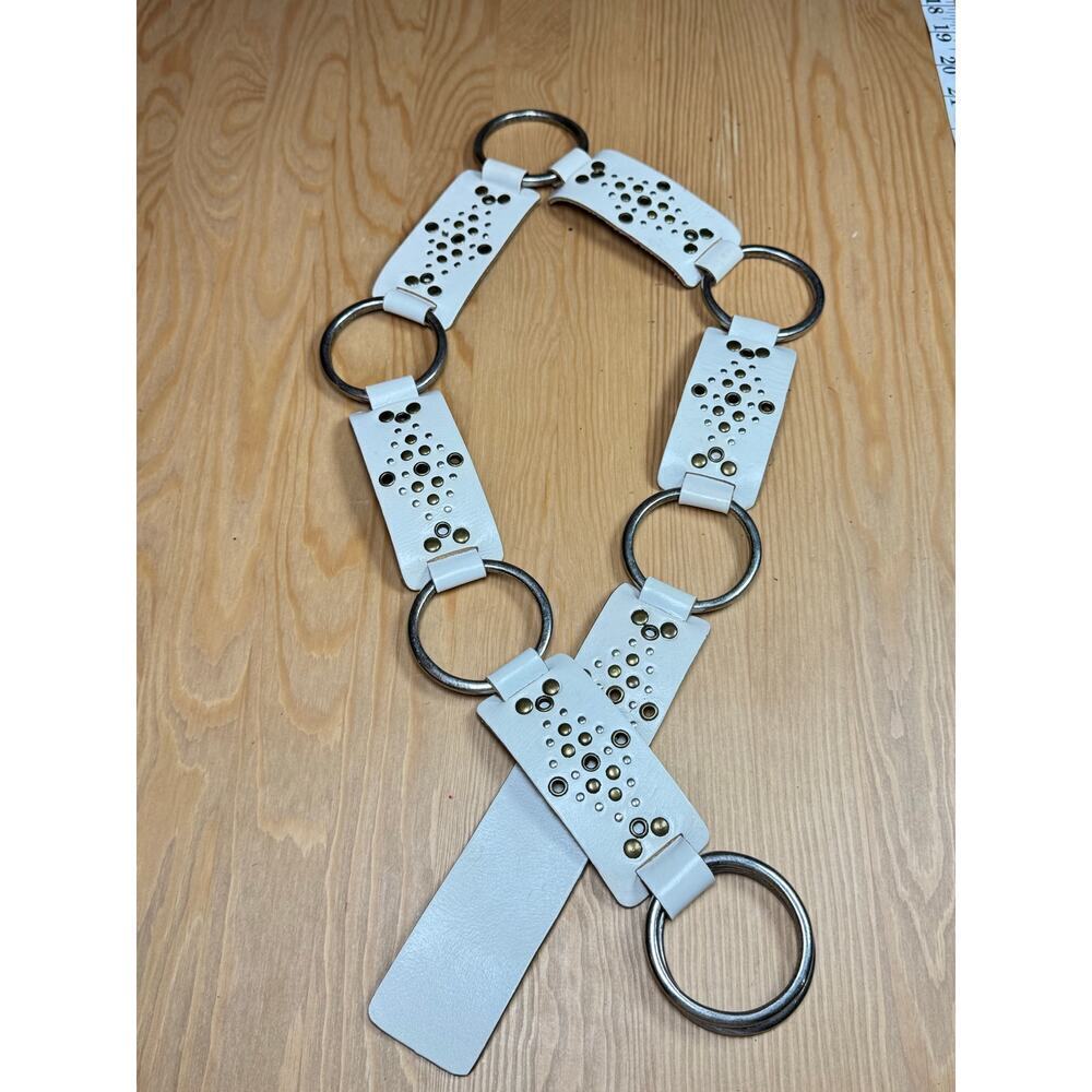 VTG Y2K 90s Women’s Leather Belt White Studded 34-36” Wide Whimsigoth Grunge